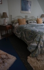 Guest room with bed with blue quilt