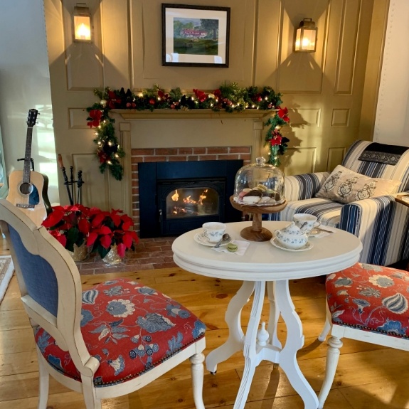 Chair surrounding a fireplace in meting room