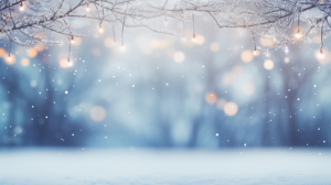 a snowy background with Christmas lights 