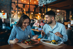 a couple having dinner in North Conway 